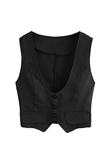 Romwe Women's Single Breasted Sleeveless Scoop Neck Crop Blazer Vest Coat Black M #TOP17
