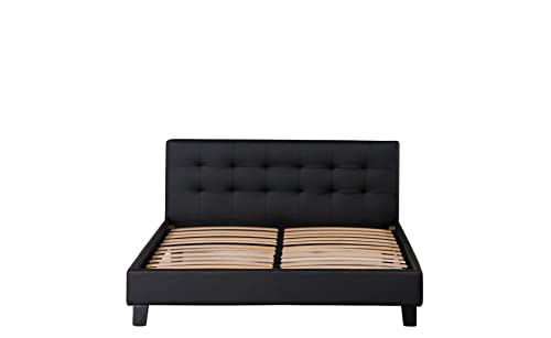 Frederic - Solide et Confortable Lit avec Sommier + Tête de Lit Capitonnee Couleur Noir + Pieds en 10 cm pour Matelas en 140x190-2 x 13 Lattes - revetement PVC Simili - Montage Rapide