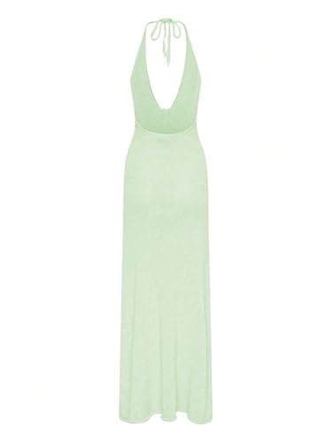 GORGLITTER Women's Flower Bow Halter Bodycon Maxi Dress Backless V Neck Sleeveless Summer Beach Vacation Sundresses2