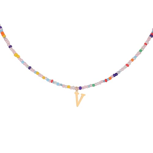 Collar de Cuentas de Colores con Inicial, Collares de Verano Mujeres y Niñas Collar con Colgante de Letra Bohemio Gargantilla con Cuentas Regalos Joyería Hechos a Mano para Adolescentes (V)