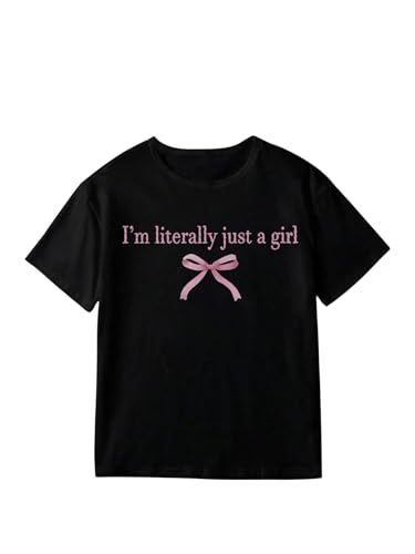 OYOANGLE Girl's Letter Bow Print T Shirt Crew Neck Short Sleeve Drop Shoulder Casual Tee Shirts
