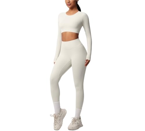 3MOG7Y1 Yogaanzug, Sport-Set, Fitnessstudio, Push-Up, stoßfest, hohe Intensität, Pilates-Kleidung, atmungsaktiv, schnell trocknend, Damenhose, Hellelfenbeinfarben, M