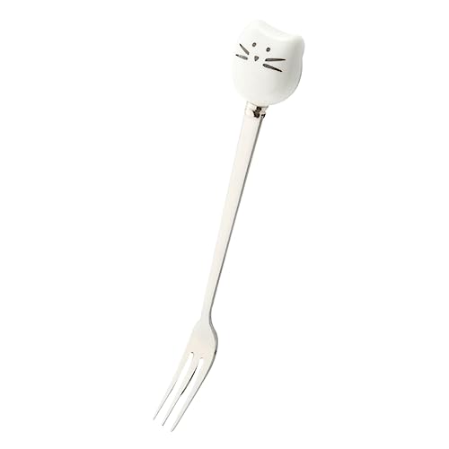 MAGICLULU 1pezzi Forchette Da Dessert Ceramica e Acciaio Inossidabile Da Forchettine Per Frutta e Dolci Design Carino Gatto Bianco