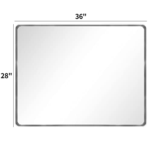 Loaao 28X36 Inch Silver Bathroom Mirror, Rounded Rectangle Silver Metal Frame Mirror, Brushed Nickel, Anti-Rust, Shatter Proof, Hangs Horizontally Or Vertically #TOP5