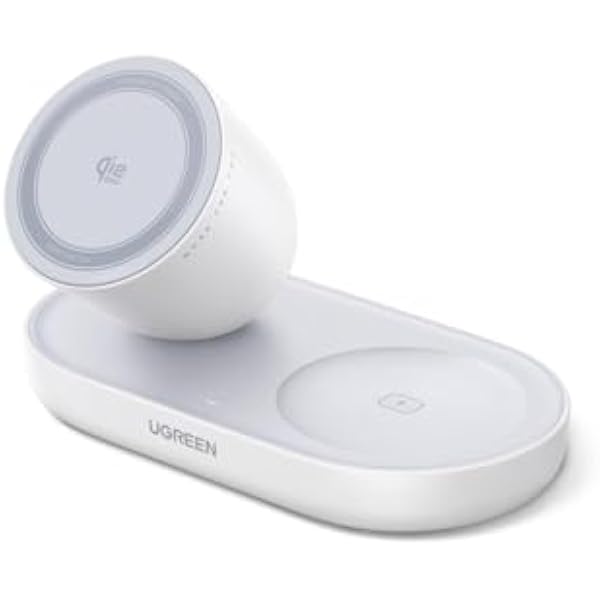 UGREEN Zapix Ładowarka Bezprzewodowa 2 w 1, Qi2 25W Certyfikowana Magnetyczna Stacja Ładowająca Kompatybilna z MagSafe dla iPhone'a 17/16/15/14/13/12 i AirPods, z kablem 1 m – Biała