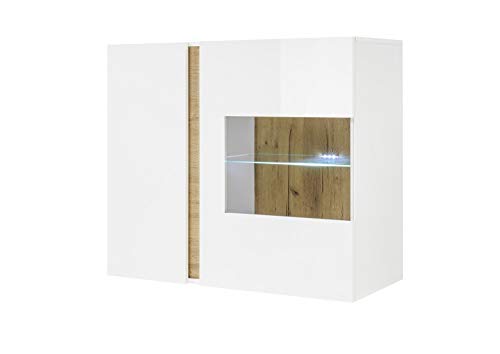 Hängevitrine Vitrine Fresh weiß Hochglanz Grandson Oak Dekor 97x83x40cm Wohnvitrine Vitrinenregal Wohnzimmerregal Regal Vitrinenschrank Schrank Ausführung ohne Beleuchtung