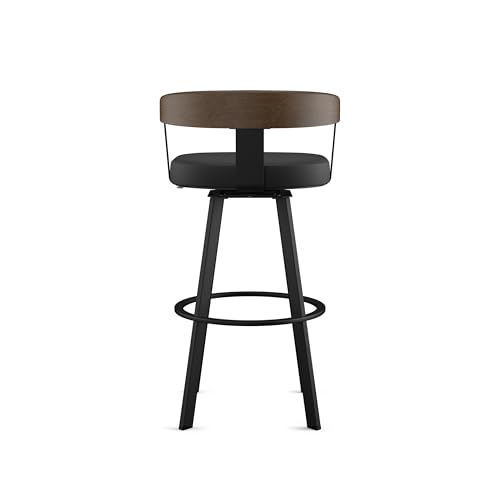 Image of Amisco Lars 26 inch Swivel Counter Height Barstool, Upholstered Stool with Solid Wood Back and Arms for Kitchen Island or Bar, Drees Stool, Black Faux Leather /Brown Wood /Black Metal