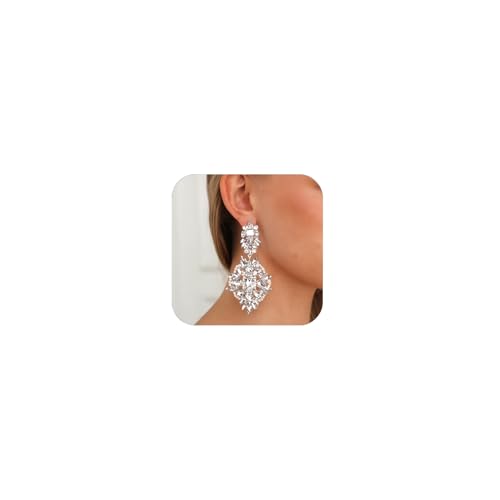 Silver Clip On Earrings Dangling For Women Large Rhinestone Statement Chandelier Earrings Non Pierced For Women Prom Earring Trendy Jewelry Accessories