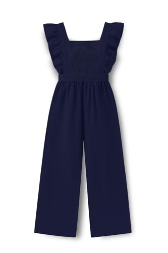 Image of Trampoline Girls Navy Blue Cotton Slub Ruffle Sleeve Jumpsuit with Belt & Square Neck | Casual Wear