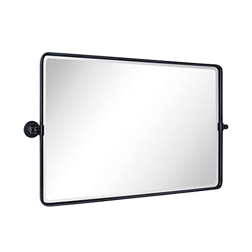 Image of TEHOME Horizontal Pivot Mirror Black Tilt Mirror for Bathroom Beveled Metal Framed Pivoting Rectangle Bathroom Mirror, 35x23''