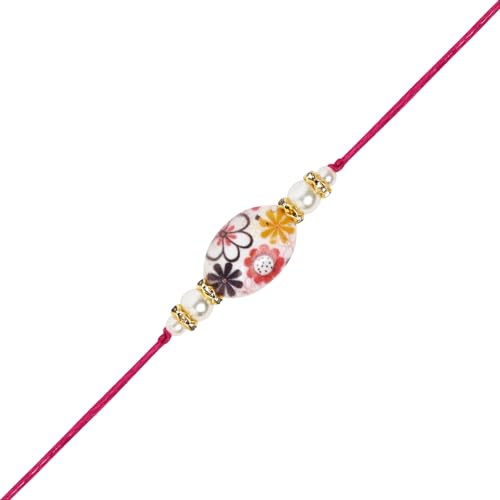 Image of I Jewels Pearl Bhaiya Bhabhi Lumba Rakhi Bracelet Combo Set With Roli Chawal & Rakshabandhan Greeting Card