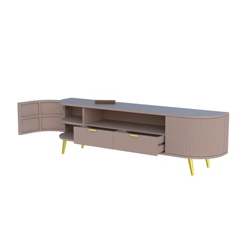 Image of 60L x 16W x 22H Inches Solid Wood TV Unit for Living Room | Modern TV Stand for 55-65 Inch TV | Free Standing Entertainment Cabinet with 2 Drawers (Beige)