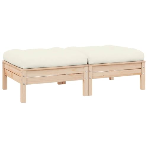 vidaXL Gartensofa 2-Sitzer, Gartenmöbel 2 Fußhocker mit Creme Kissen, Modular Sofa Lounge Sitzgruppe für Garten Terrasse Balkon, Loungemöbel, Massivholz Kiefer