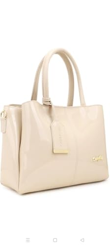 Image of Women's Top Handle Bag | Hand Held bag | Stylish Patent Synthetic Leather Handbag with Dual Handles & Detachable Sling Strap | Beige Shoulder Purse for Work & Casual Outings