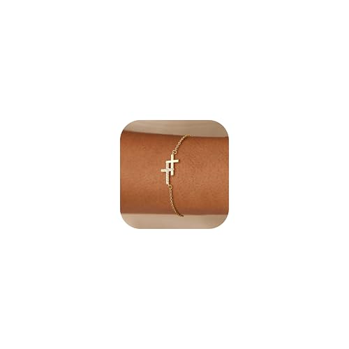 Dochais Bracelet Femme Or/Argent, Bracelets en Or Plaqué 14K, Réglable Chaîne Doré Croix pour Filles Femmes