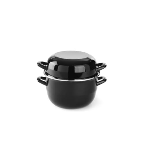 HENDI Marmite à moules avec couvercle, casserole, pot pour les fruits de mer, les sauces, convient uniquement pour les cuisinières à gaz, 1kg, 3,4L, ø220x(H)195mm, émaillée noire avec rebord en inox