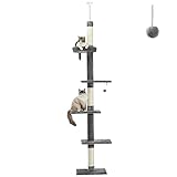 PETEPELA Floor to Ceiling Cat Tree, Cat Tower 5-Tier Height(95-107 Inches) Adjustable, Tall Cat Climbing Tree Featuring with Scratching Post, Cozy Bed,Interactive Ball Toy for Indoor Cats/Kitten Grey