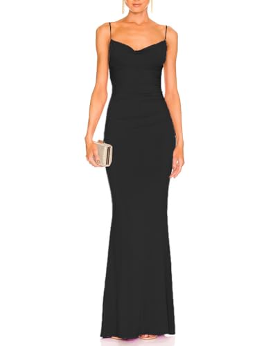 Aigeman Women Spaghetti Straps Mermaid Evening Gown Wedding Guest Dress Drape Neck Lace Backless Formal Maxi Dress 212