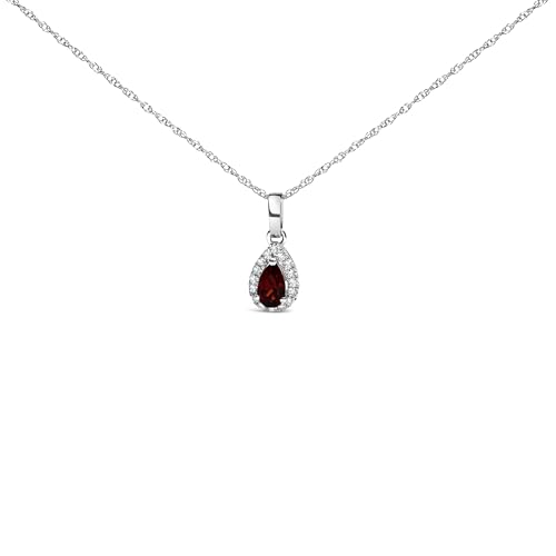 10K White Gold 5x3mm Red Garnet and Diamond Accent Halo Pear Shape 18" Pendant Necklace (I-J Color, I1-I2 Clarity)