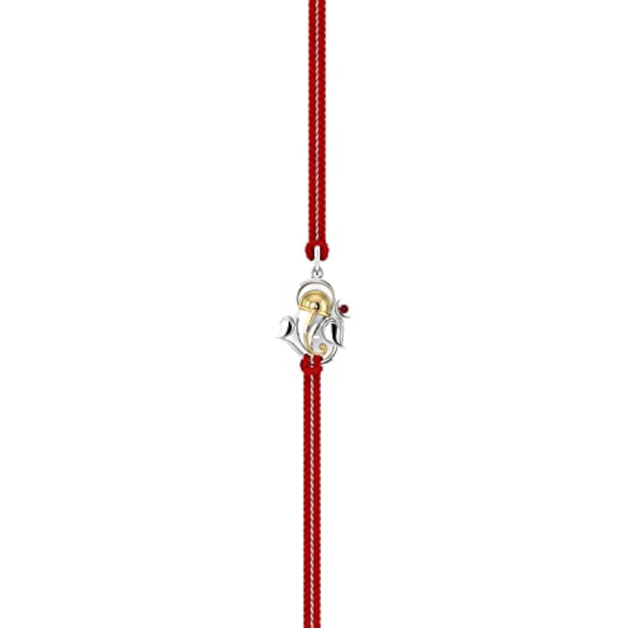 Silver Rakhi with Ganesha Ruby Studded Bracelet for Raksha Bandhan