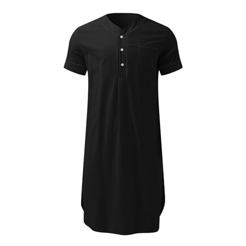 Men's Cotton Nightshirt Gown Short Sleeve V-neck Nightwear Loose Pajama Dress Soft Pajama Sleepwear with Pocket2