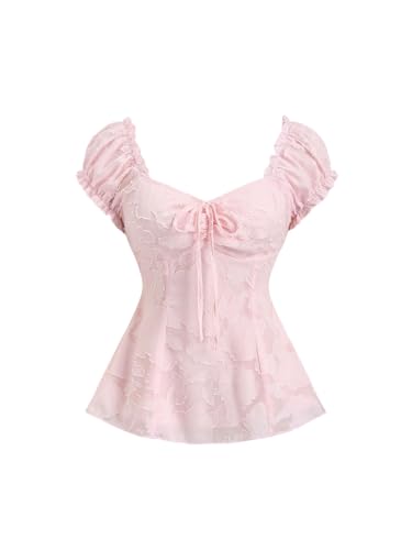 Rose floral puff-sleeve sweetheart peplum blouse