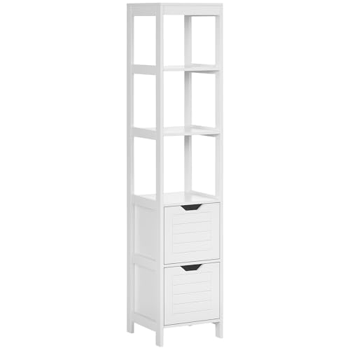 kleankin Armario Alto de Baño Multiusos Mueble Columna con 3 Estantes Abiertos y 2 Cajones de Almacenaje Diseño Antivuelco 30x30x144 cm Blanco
