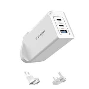 65W USB C Plug, Elexlinco GaN II Fast Charger, 3-Port USB C Charger Plug with UK, US, EU Travel Adapter, Compatible with MacBook Pro/Air, HP Laptops, iPad, iPhone 15/Pro/Max, Galaxy S24/S23 and More