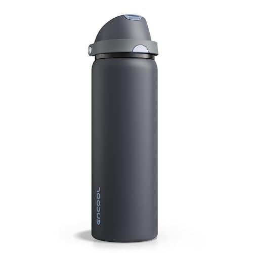 Image of ENCOOL Insulated Water Bottle with Straw Stainless Steel Water Bottle with Push Button Lid, Leak-Proof & BPA-Free, Keeps Cold for 24 Hours for Sports, Travel, Gym (32 oz, Tuna Grey-Silver)