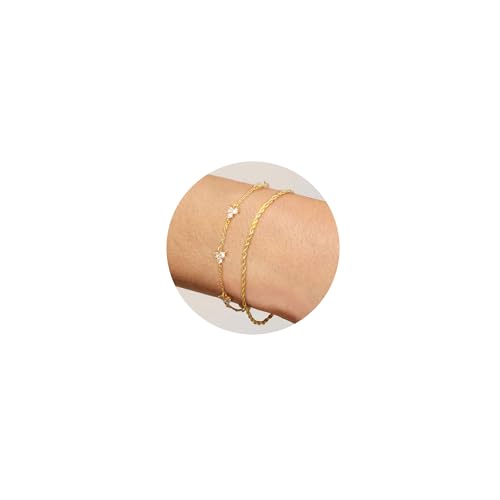 Bracelet for Women - Dainty Stack Bracelets Trendy Adjustable 14K Gold Plated Thin Paperclip Bead Box Satellite Figaro Cuban Link Chain Bracelet Set for Women Waterproof Jewelry Gift