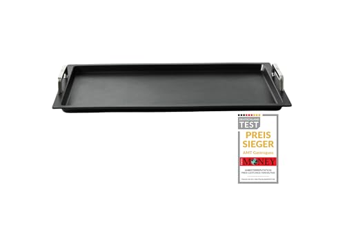 AMT Gastroguss Klaus grillt Gastronorm - Grillplatte GN 1/1 für Induktion by, 53 x 33 cm, 2 cm hoch, mit Edelstahlgriffen, Aluguss (Aluminium), Lotan® Antihaft-Beschichtung, AMZN-KG-I-25333-G