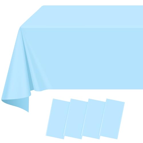 4 Pack Light Blue Rectangular Tablecloth 108 x 54 Inch Disposable Plastic Table Cloth Wipeable Waterproof PEVA Table Cover for Parties Birthday Christening Baby Shower Indoor & Outdoor Events