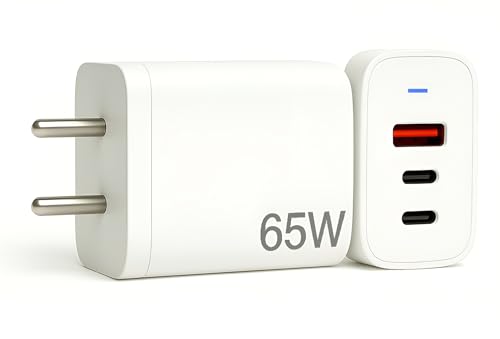 Image of 65W Fast 3 Port Charger Adapter Compatible with Samsung S25 /S24 /S23 /ultra /plus, Nothing Phone 3a Pro /3a /2 /2a, Hp /Dell /Infinix /Realme /Lenovo /Galaxy Laptop, MacBook Pro /Tablet, 1-Year Warranty, White