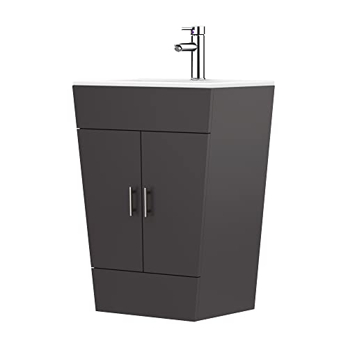 Bedbric Mueble de tocador de pie de 600 mm con lavabo, armario con 1 lavabo de cerámica con orificio para grifo, color gris, 790 mm x 600 mm x 365 mm (tocador + lavabo), gris) Cover