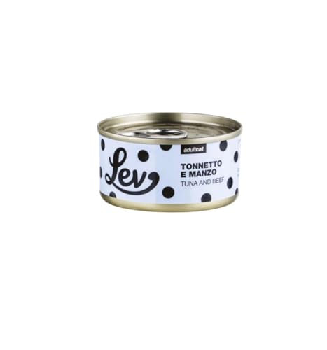 Lev - Peleles húmedos para gatos adultos de atún y ternera, alimento complementario para gatos adultos de todas las tallas y razas, sabor atún y carne de vacuno | 12 latas de 70 gramos cada una.
