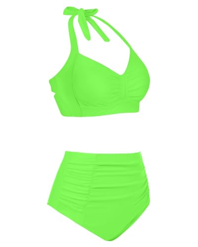 Image of Holipick Women High Waisted Bikini Set Two Piece Swimsuit Tummy Control Bathing Suit Vintage Halter Swimwear