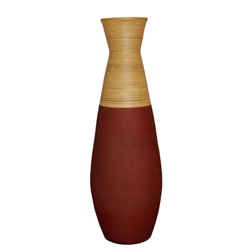 31.5 inch Tall Handcrafted Bamboo Floor Vase, Burgundy and Natural Finish, Decorative Accent, Large Floor Vase, Sustainable Bamboo, Living Room, Dining Room, Entryway Decor, Unique Home Accent