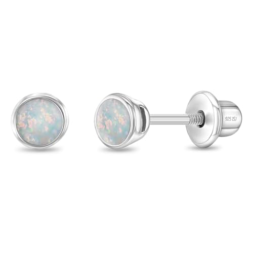 925 Sterling Silver Bezel Set Simulated Opal Safety Screw Back Earrings For Toddler and Little Girls - Children's Small Simulated Opal Earrings - Dainty Earrings for Toddler Girls