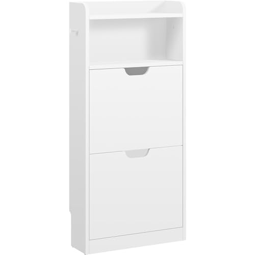 Yaheetech Armario de Zapatos Estrecho con 2 Cajones Abatibles y Compartimento Abierto Mueble Entrada Recibidor Zapatero Moderno Autoportante de 4 Niveles para Entrada Pasillo 50x17x108 cm Blanco