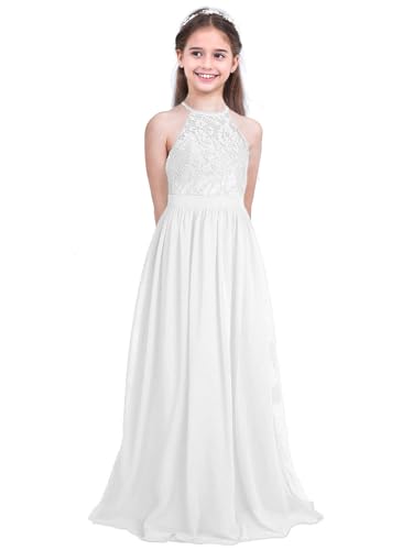 RUNQHUI Vestido de niña largo de muselina con encaje, para boda, dama de honor, fiesta, aniversario, ceremonia, 5-16 años, blanco, 15-16 Años
