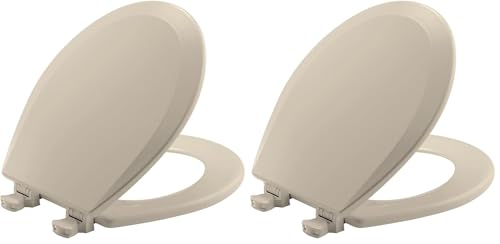 Image of Bemis 500EC Durable Wood Toilet Seat with Easy Clean Hinges, Made in USA, Round, Almond (Pack of 2)