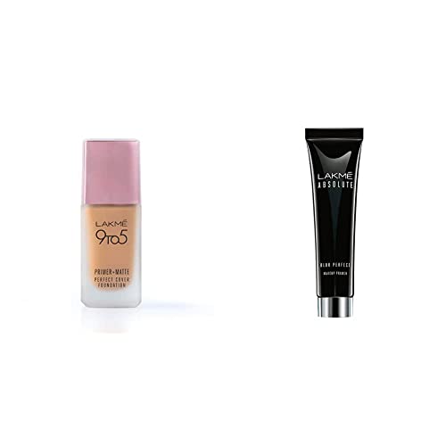 Image of LAKME 9 To 5 Primer + Matte Perfect Cover Full Liquid Foundation, W240 Warm Beige, 25ml & Absolute Blur Perfect Makeup Primer, Peach, 10g (Acne Prone)