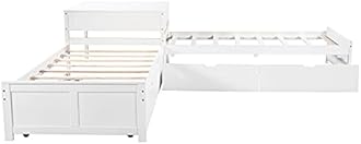 SOFTSEA L-Shaped Platform Twin Bed Frame with Trundle and Drawers, Double Twin Size Bed with Storage, 3 Beds in One Design, White