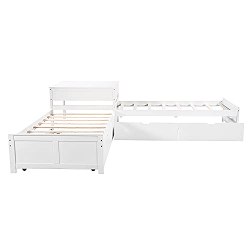 SOFTSEA Twin Size L-Shaped Platform Bed Frame with Trundle and Drawers, L Shaped Twin Bed, Twin Size Platform Beds with Storage Nightstand for Living Room