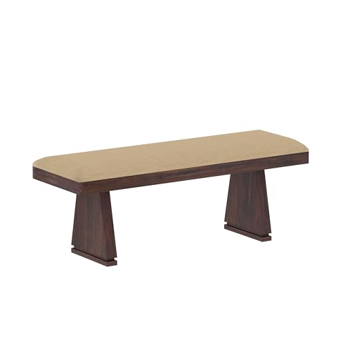 Image of Solid Wood 6 Seater Dining Table | Sheesham Wood Six Seater Dining Table with Cushion Chairs | Wooden Furniture Dinner Table with 4 Chairs and Bench | Walnut Finish with Cream Upholstery