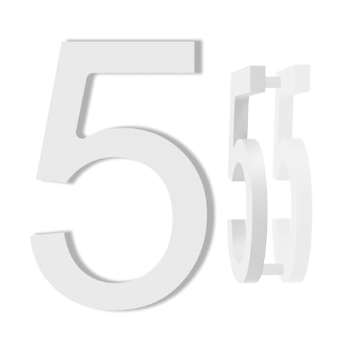 DEWEL House Numbers for Outside, 6 Inch Modern Floating Address Numbers for Farmhouse, Street, Front Door, Weatherproof, Easy to Install with Template (White House Number 5)