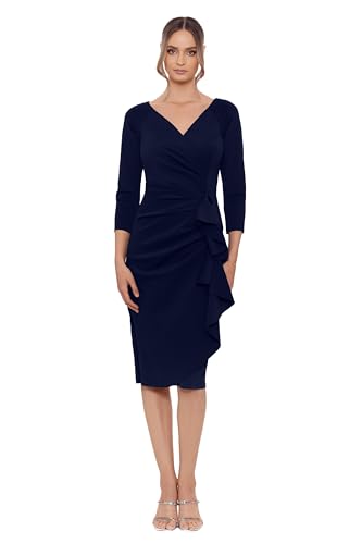 Image of Xscape Women's 3 /4 Sleeve V-Neck Side Ruched Midi Dress