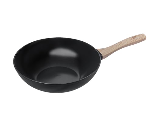 Pyrex Cook&Care - Sartén de aluminio reciclado para todo tipo de fuego, revestimiento antiadherente sin PFAS, resistente a los arañazos, apto para lavavajillas, mango efecto madera (Ø28 cm (Wok))