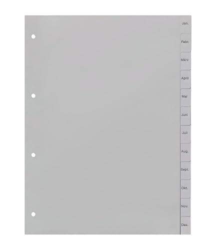 Ordnerregister Jan.-Dez., neutral, ohne Deckblatt, 12-teilig, DIN A4, Register aus PP, strapazierfähige Trennblätter für Ordner, lichtgrau