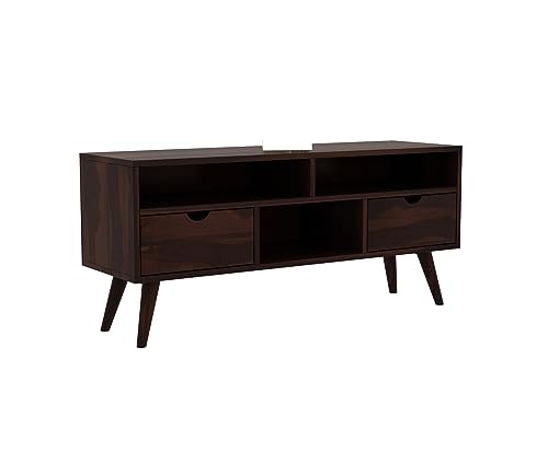 Image of Sheesham Wood TV Unit with 2 Drawers and 3-Shelf Storage - Perfect for Living Room - Fits up to 50-Inch TV (Medora, Walnut Finish)